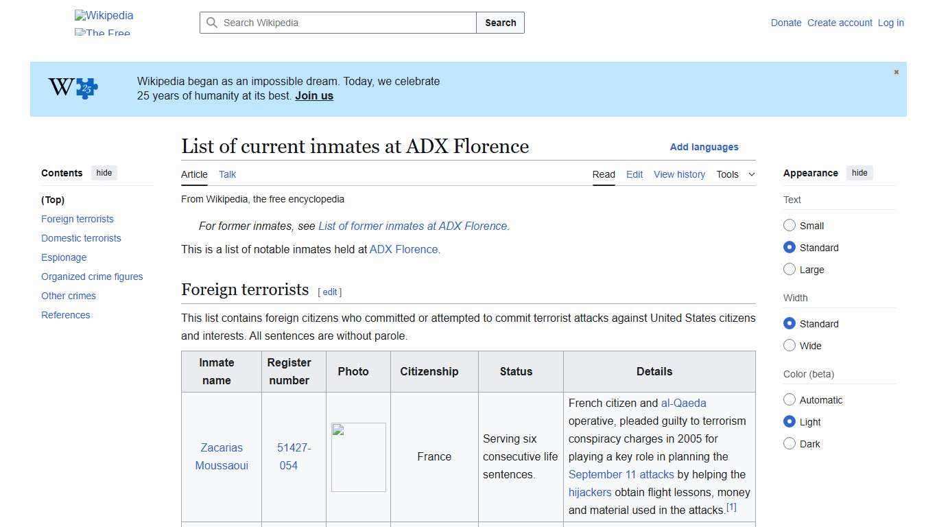 List of current inmates at ADX Florence - Wikipedia